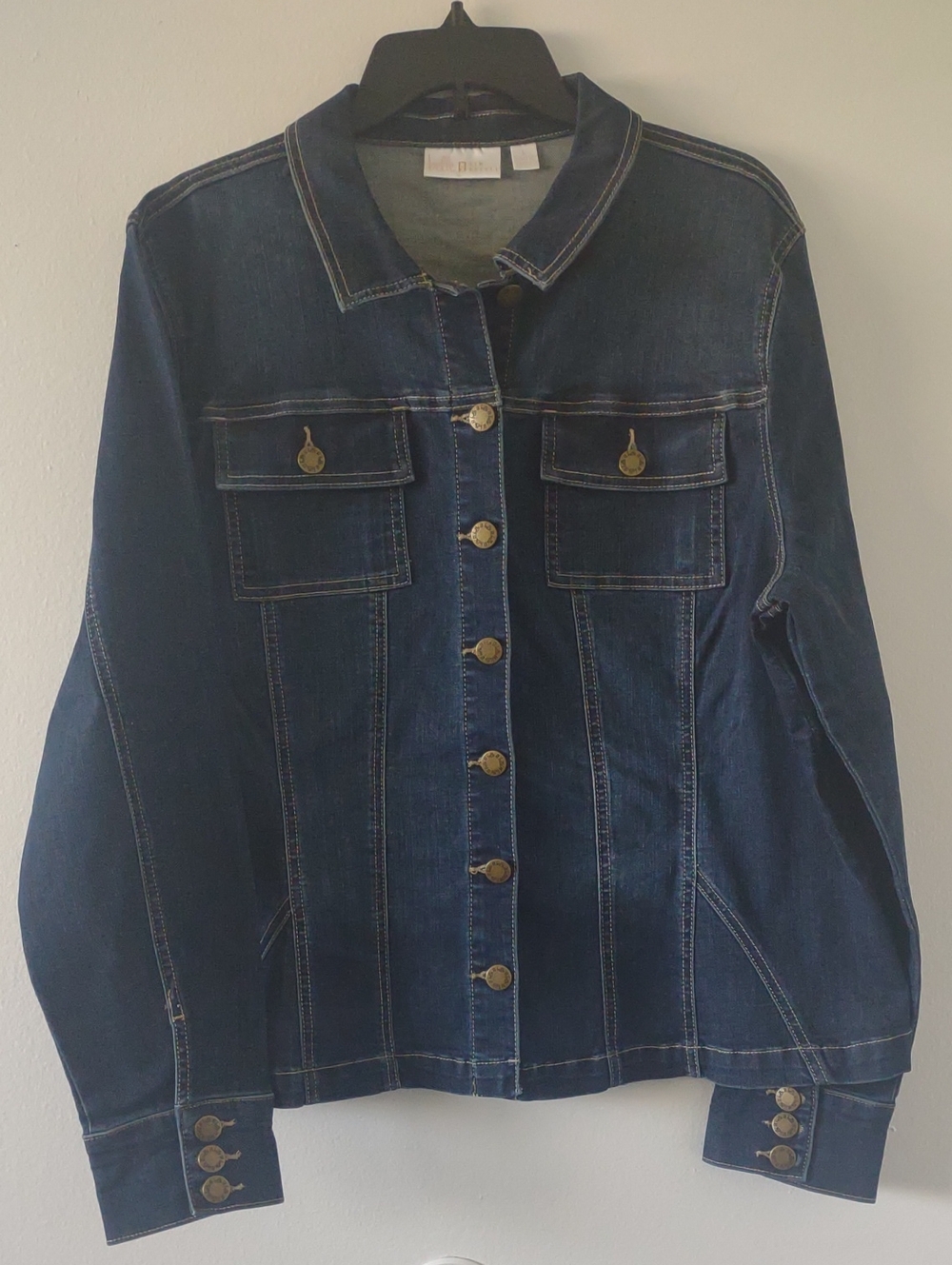 Belle by Kim Gravel Dark Blue Denim Jacket Two Chest Pockets Tailored Look